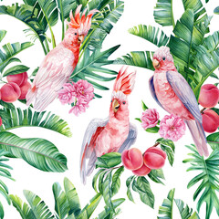 Pink cockatoo bird Seamless pattern Palm leaves, watercolor botanical painting Jungle leaf, fruit peach. Tropic wildlife © Hanna