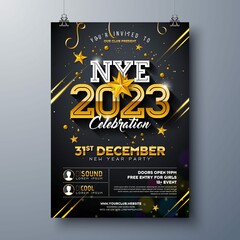 2023 New Year Party Celebration Poster Template Design With Shiny Gold Number Black Background