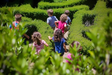 children on a scavenger hunt in a shrub maze - obrazy, fototapety, plakaty
