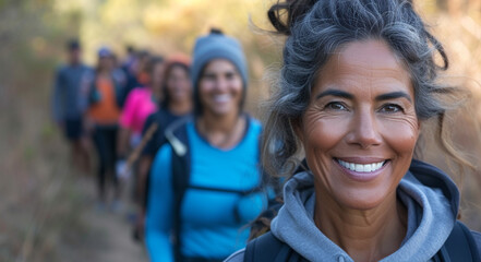 A Group Of Women Are Hiking Down A Trail And Smiling For The Camera