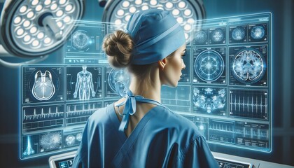 a girl surgeon doctor looks at the information on artificial intelligence monitors