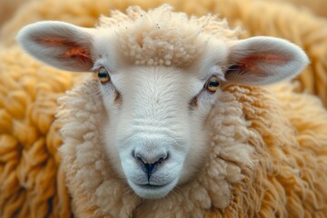 Close-Up Portrait of a Woolly Sheep, A close-up shot capturing the gentle gaze of a sheep, its face framed by soft, curly wool.