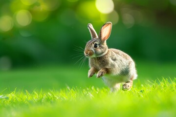 Playful Bunny Hopping in Sunlit Grass, An energetic bunny captured mid-hop, its fur illuminated by the bright, dappled sunlight filtering through the greenery.