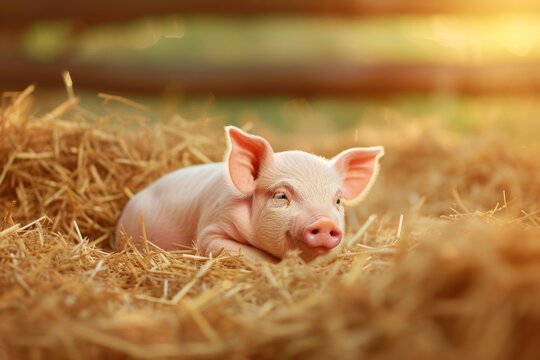 Restful Piglet in Straw Bedding, A relaxed piglet lying comfortably in straw bedding, bathed in the warm glow of the barn light.