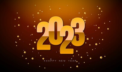 Happy New Year 2023 Illustration With Gold Number Golden Pearl Shiny Background