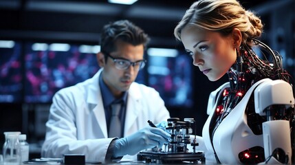 scientists are working together to develop artificial intelligence technology in a dimly lit laboratory filled with sophisticated hologram displays.