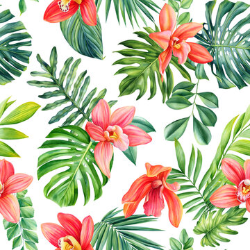 Orchid flower Seamless watercolor floral pattern tropical background palm leaf monstera. Jungle wallpaper Hawaiian style