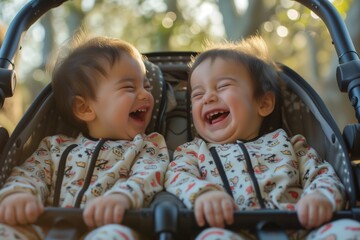 twins in matching onesies laughing together in a double stroller - obrazy, fototapety, plakaty