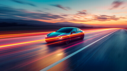 a modern electric car speeding along a highway at dusk, captured with motion blur to convey a sense of swift, silent power inherent to electric vehicles