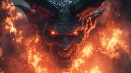 3D rendering of a demon skull with horns on a fire background