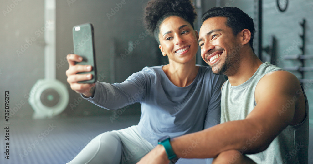 Canvas Prints asian man, woman or phone selfie in gym workout, training or exercise for social media, health app o