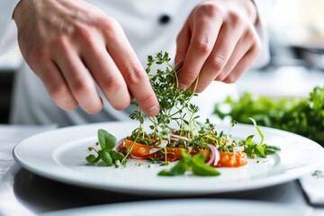 chef garnishing a plated dish with fresh herbs
