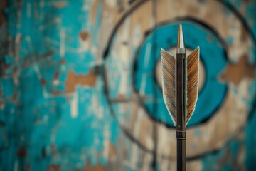 focused metal arrow point with a faded blue target backdrop