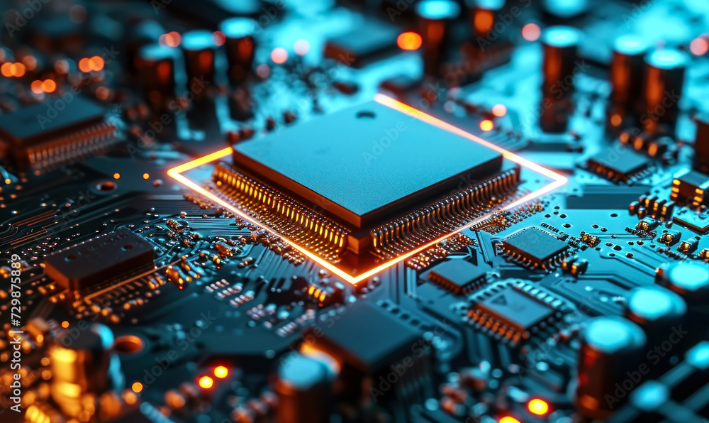 Poster high-tech microprocessor chip on a motherboard, a concept of advanced technology, computing power an