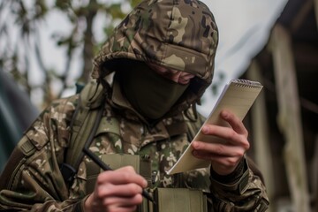 man in camouflage gear jotting notes in a notepad