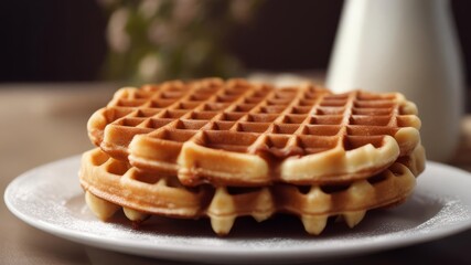 Delicious waffles are prepared and stacked on a plate.