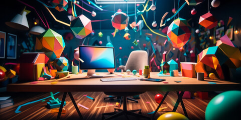 Vibrant and colorful educational workspace with floating geometric shapes, pencils, and lively confetti, depicting a creative learning environment