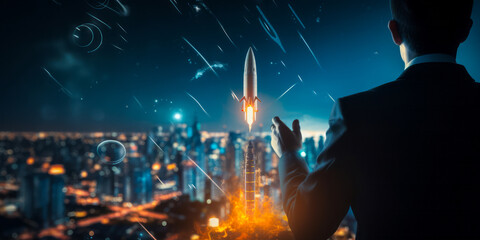 Businessman igniting rocket representing growth, strategy, and startup success against a cityscape backdrop