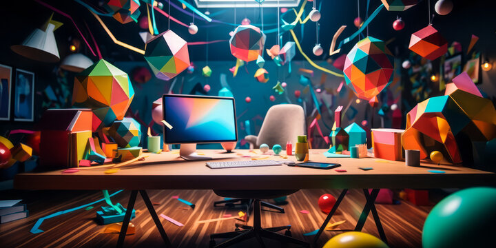 Vibrant and colorful educational workspace with floating geometric shapes, pencils, and lively confetti, depicting a creative learning environment