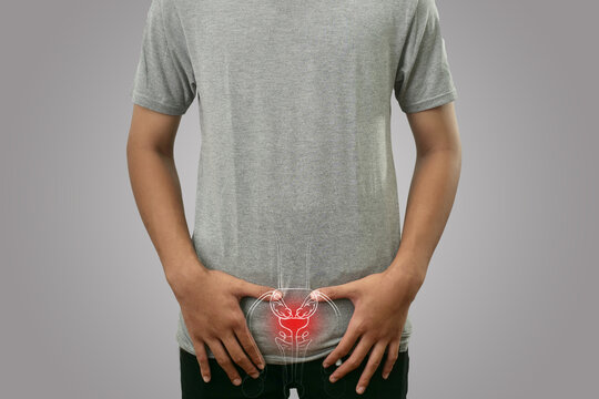Digital composition of men with prostate disease, highlighted red inflammation, health and medical