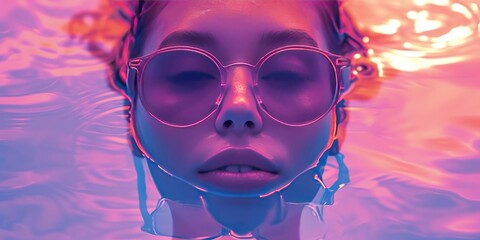 A gen-Z girl wearing trendy sunglasses, laying flat on the water. Trendy purple and pink colours, space for text.  - obrazy, fototapety, plakaty