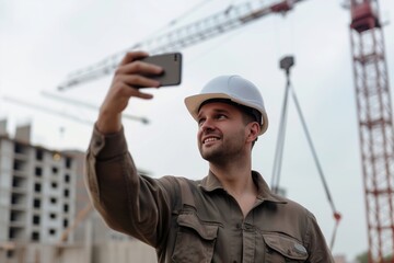 worker in hard hat, taking selfie with smartphone, crane in background