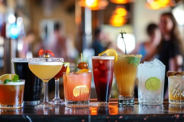 varied collection of cocktails on a bar, people mingling in the background