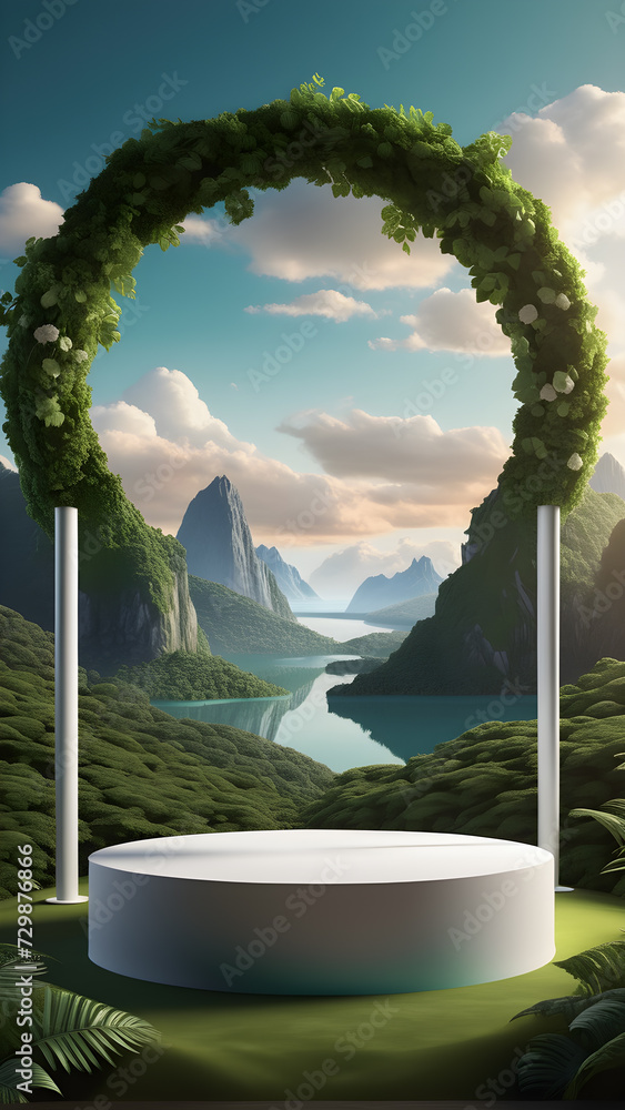 Poster podium-studio-close-up-product-display-mock-up-ensconced-within-a-surreal-beautiful-nature