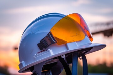 profile of construction helmet with sunset reflected on the visor