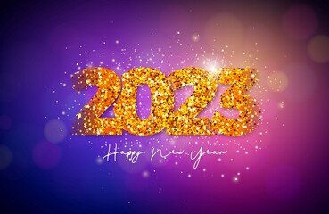 Vector Happy New Year 2023 Illustration With Gold Number Falling Confetti Shiny Background