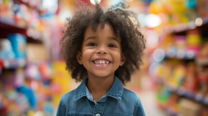 Joyful child in a denim outfit, beaming with a big smile in a vibrant toy store, embodying the happiness and excitement of a playful shopping adventure.