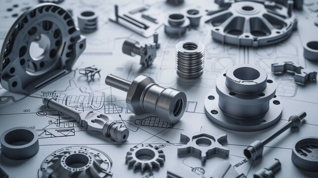 Array of mechanical parts and components precisely arranged on engineering drawings, highlighting the detail and precision involved in mechanical design and manufacturing.