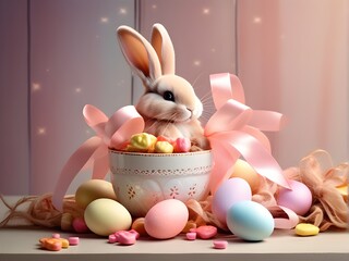 cute bunny with hand drawing easter eggs in warm and happy easter day theme