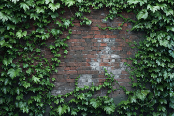 An old brick wall with vines growing over it, symbolizing the beauty in aging and natural reclaim. Concept of nature's embrace and the charm of decay. Generative Ai.