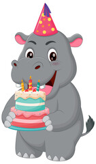 Cute Hippopotamus Cartoon Holding Birthday Cake Vector Illustration. Animal Nature Icon Concept Isolated Premium Vector