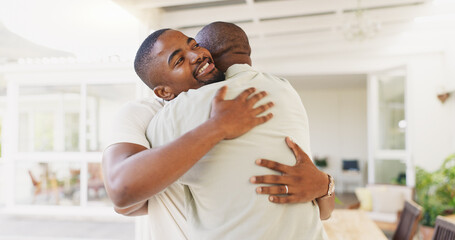 Senior African father, welcome and home with son, hug and love with kindness, bond and happy with...