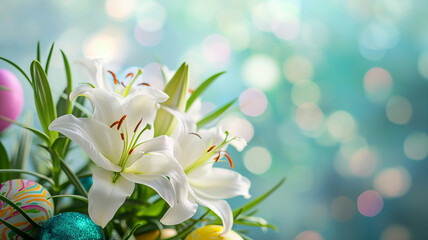 Beautiful flowers white lilies and colorful Easter eggs © Mari