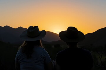 man and woman in hats watching sunset, silhouetted mountains