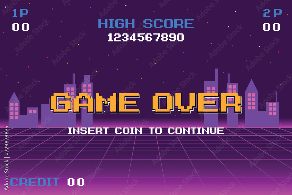 Poster game over insert a coin to continue .pixel art .8 bit game. retro game. for game assets in vector il
