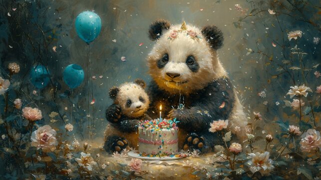 Panda-themed Birthday Party with a Pink Cake and Blue Balloons Generative AI