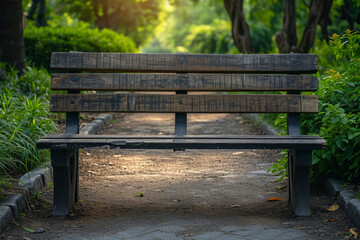 Naklejka premium A weathered wooden bench in a park, providing rest and stories to countless visitors. Concept of functionality and beauty in weathered objects. Generative Ai.