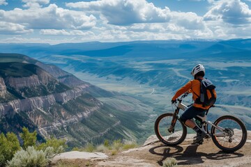 Fototapeta premium rider taking a break, bike propped against overlook with valley view