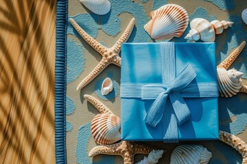 blue gift box on a beach themed door mat with seashells