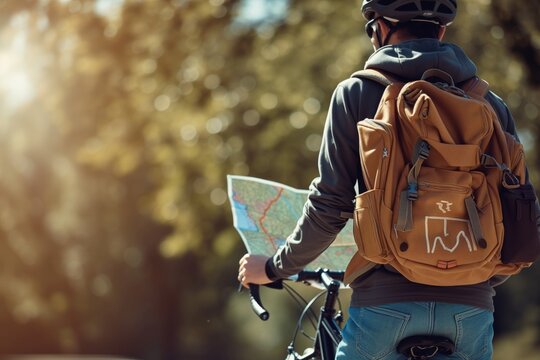 cyclist with a backpack looking at a trail map at trailhead