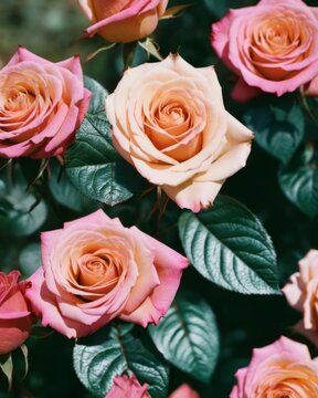 The image features a cluster of pink and peach roses with green leaves in the background. The flowers are of varying sizes and shades, creating a vibrant and eye-catching display.