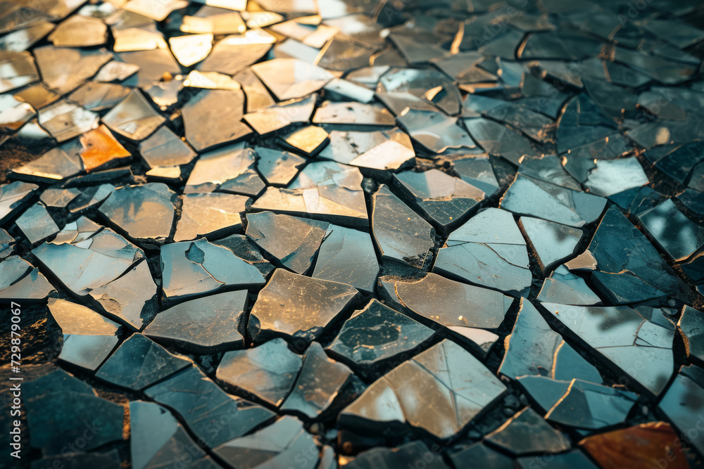 Poster a mosaic made of broken tiles, creating a beautiful image from shattered pieces. concept of creating
