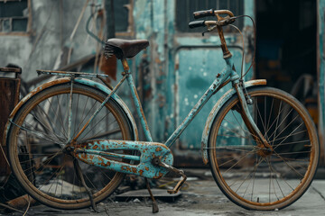 Fototapeta na wymiar An old, slightly rusty bicycle, still functioning and cherished for its reliability. Concept of value and reliability beyond surface imperfections. Generative Ai.