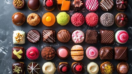 Arrange sweets in a visually appealing pattern and Array of vibrant, meticulously arranged confections
