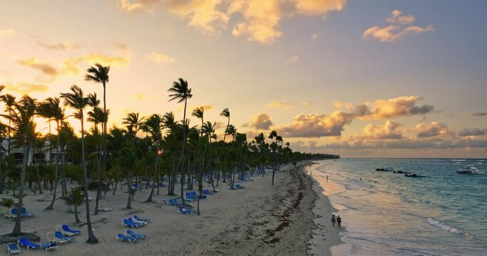Punta Cana resort, Dominican Republic sunrise beach front aerial view, exotic summer tropical caribbean destination for leisure vacation