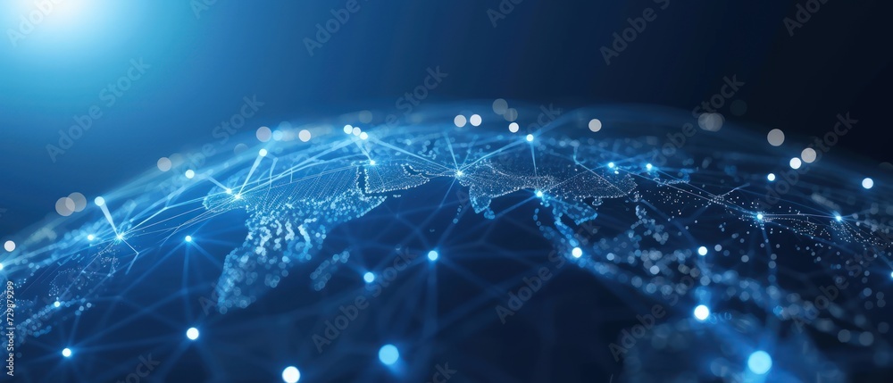 Poster blue background digital network connecting with moving lines and dots low-poly wireframe